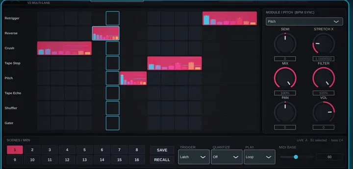 Gridx interface: glitch module grid, module settings and MIDI scenes