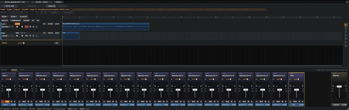 Interface de MaschineDawPlus : arrangement et mixeur